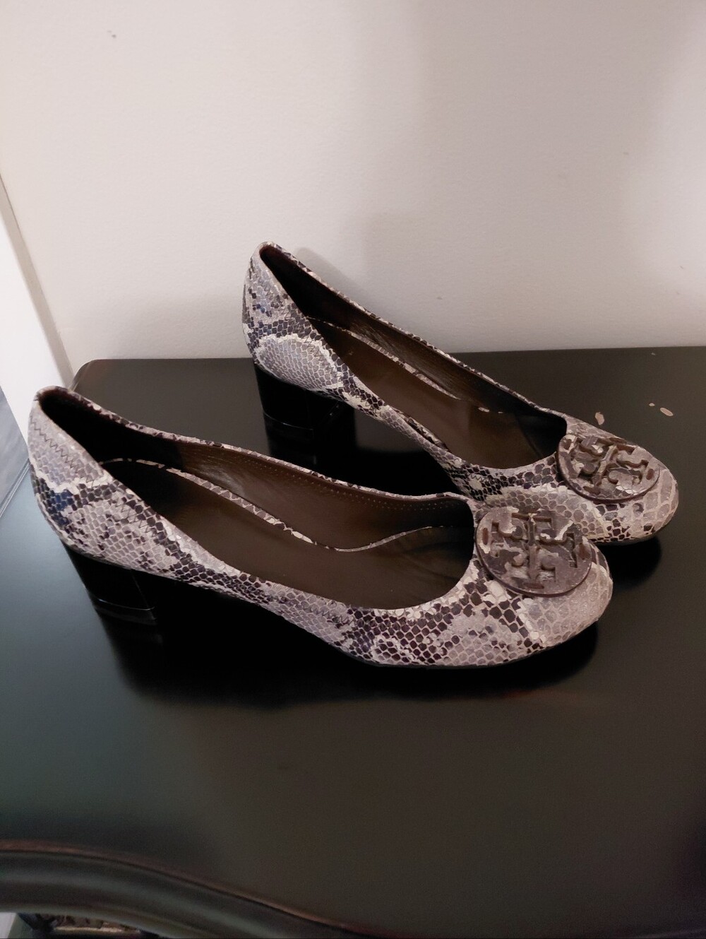 Tory Burch Women's Snake-Print Block Heel Pumps in Gray